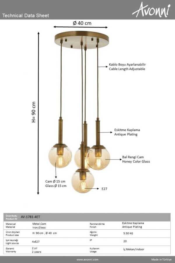 Eskitme Kaplama Modern Çilçıraq E27 Metal Cam 40cm - 3