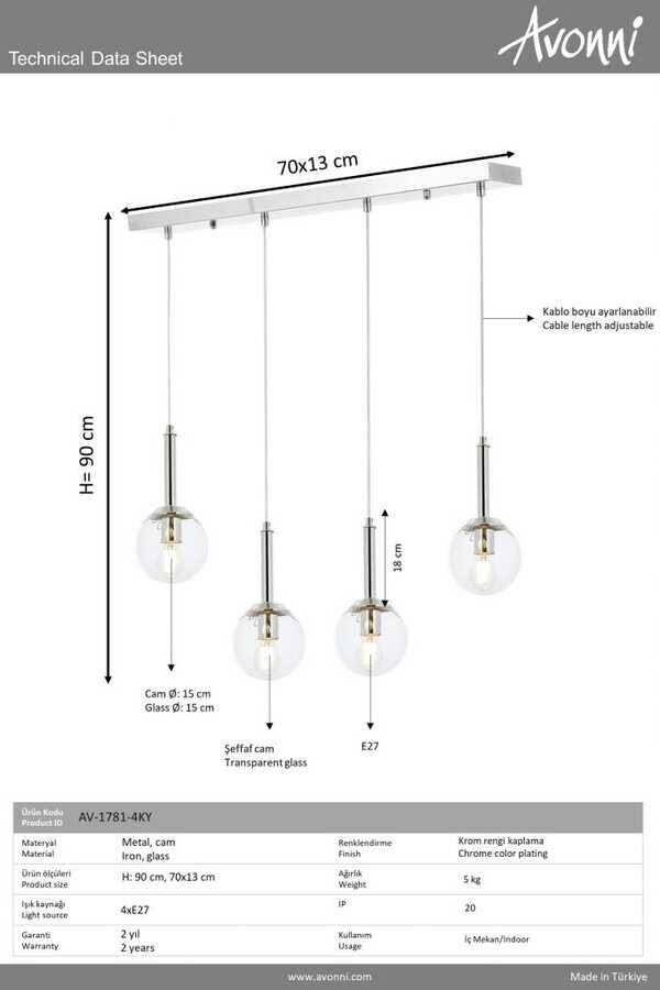 Krom Kaplama Modern Çilçıraq E27 Metal Cam 70x13cm - 2