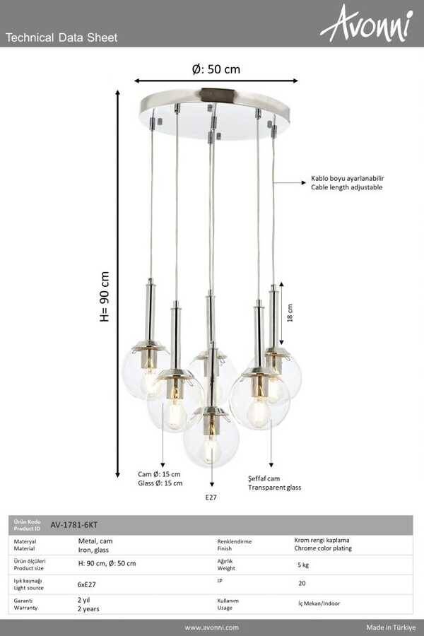 Krom Kaplama Modern Çilçıraq E27 Metal Cam 50cm - 4