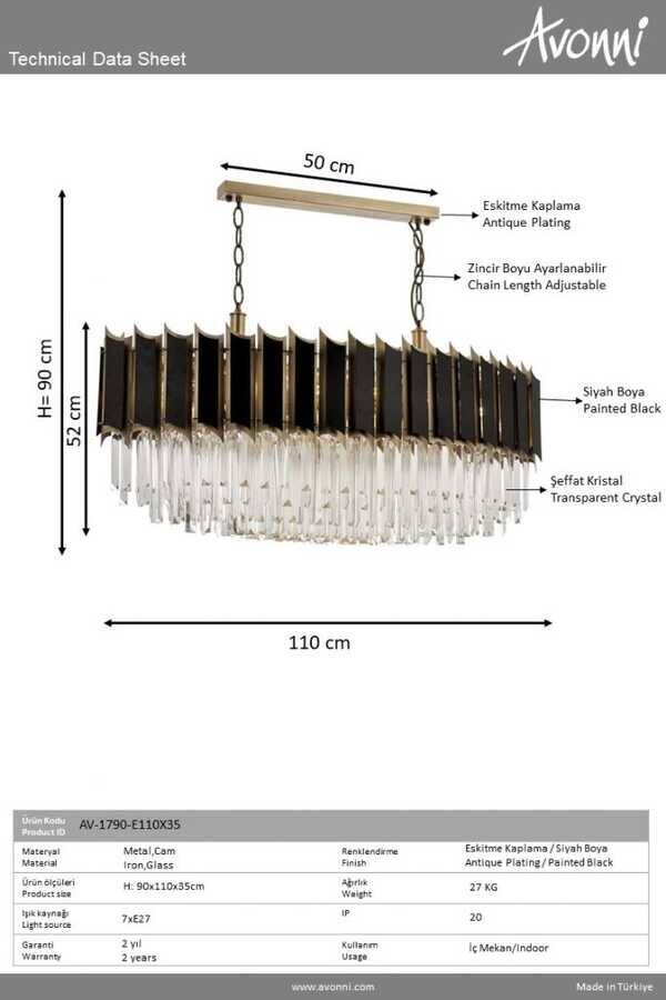 Eskitme Kaplama Modern Çilçıraq E27 Metal Kristal 110x35cm - 3