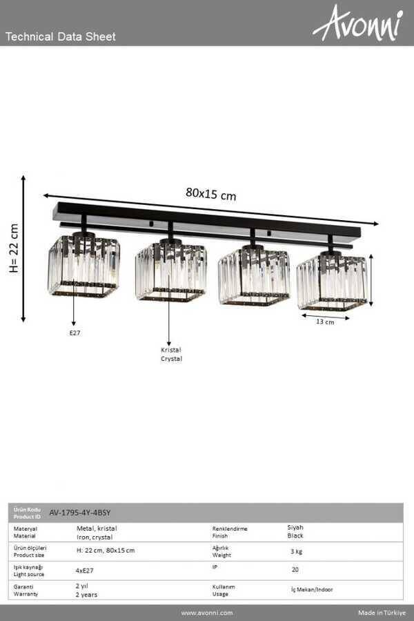 Siyah Boyalı Modern Çilçıraq E27 Metal Kristal 80x15cm - 2