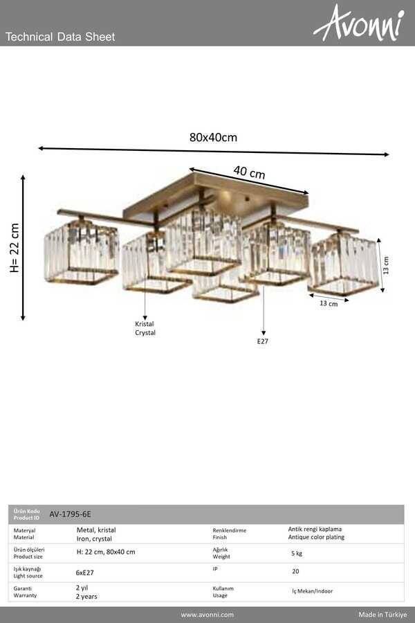 Eskitme Kaplama Modern Çilçıraq E27 Metal Kristal 80x40cm - 3