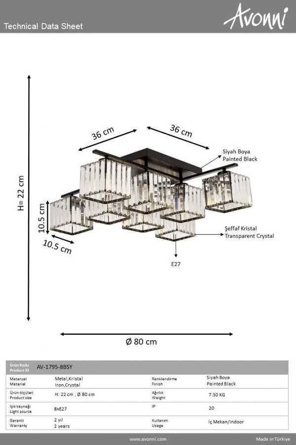 Siyah Boyalı Modern Çilçıraq E27 Metal Kristal 80cm - 2