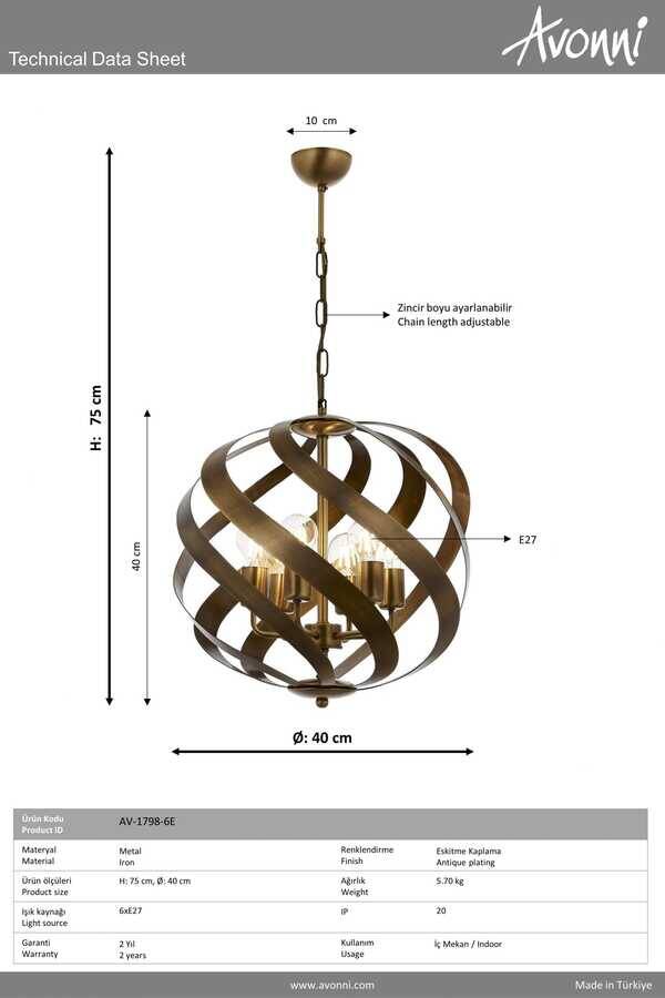 Eskitme Kaplama Modern Çilçıraq E27 Metal 40cm - 3