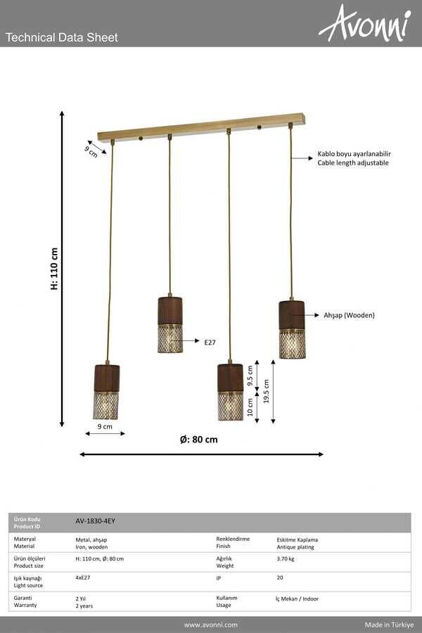 Eskitme Kaplama Modern Çilçıraq E27 Metal Ahşap 80x9cm - 4