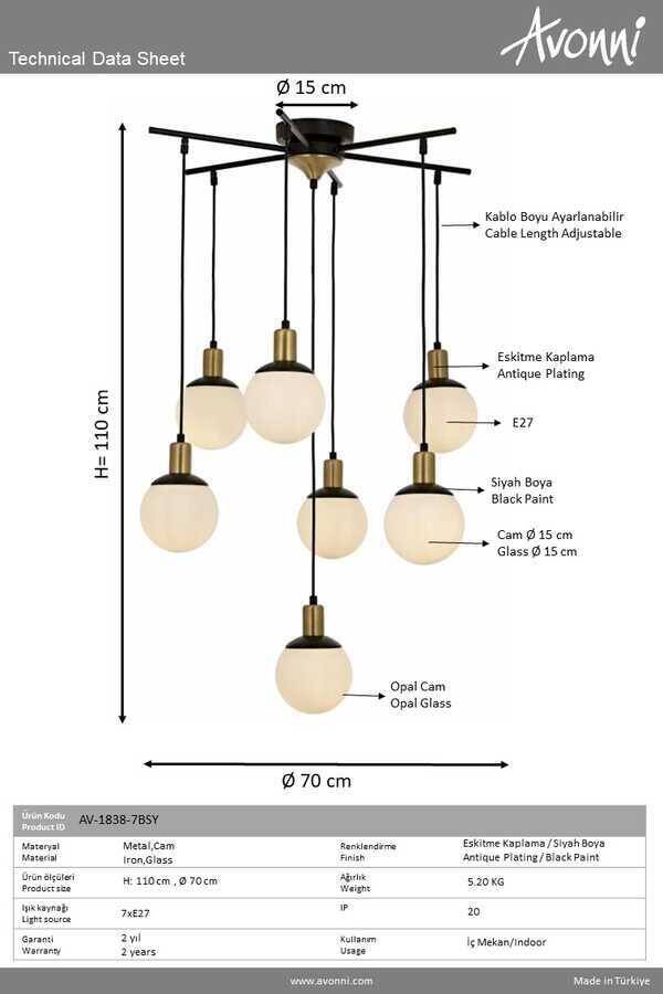 Siyah Boyalı Modern Çilçıraq E27 Metal Cam 70cm - 3