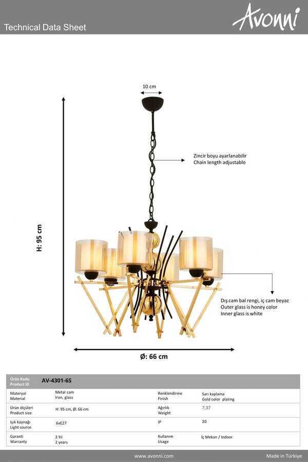 Sarı Boyalı Modern Çilçıraq E27 Metal Cam 66cm - 3