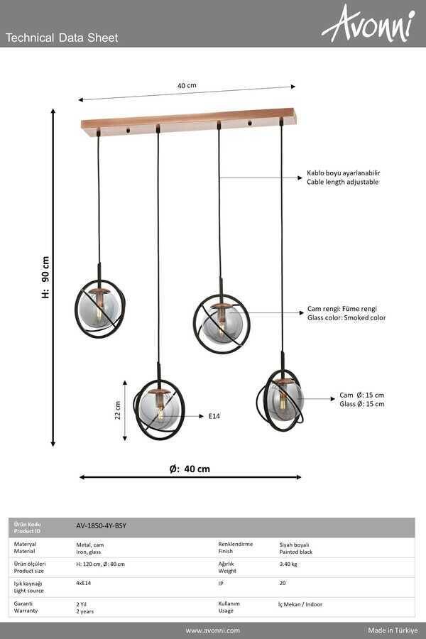 Siyah Boyalı Modern Çilçıraq E14 Metal Cam 80x22cm - 5