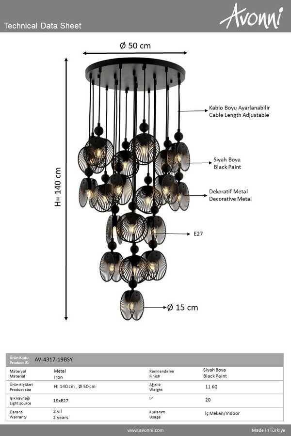 Siyah Boyalı Modern Çilçıraq E27 Metal 50cm - 2