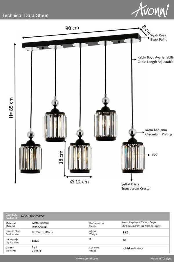 Siyah Boyalı Modern Çilçıraq E27 Metal Kristal 80x8cm - 2