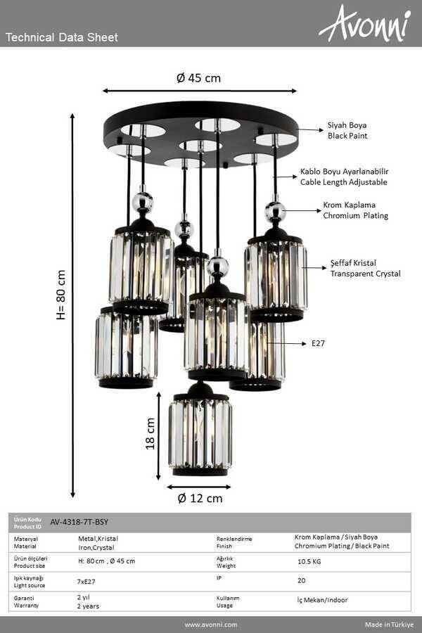 Siyah Boyalı Modern Çilçıraq E27 Metal Kristal 45cm - 2