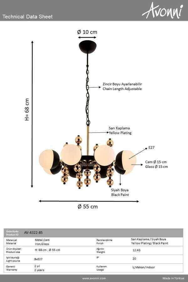 Sarı Kaplama Modern Çilçıraq E27 Metal Cam 105cm - 2