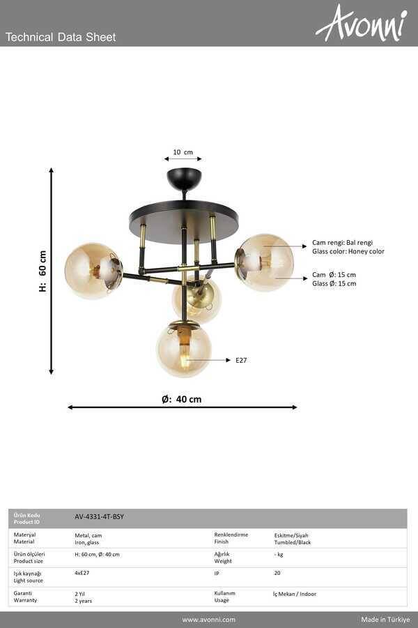 Siyah Boyalı Modern Çilçıraq E27 Metal Cam 40cm - 3