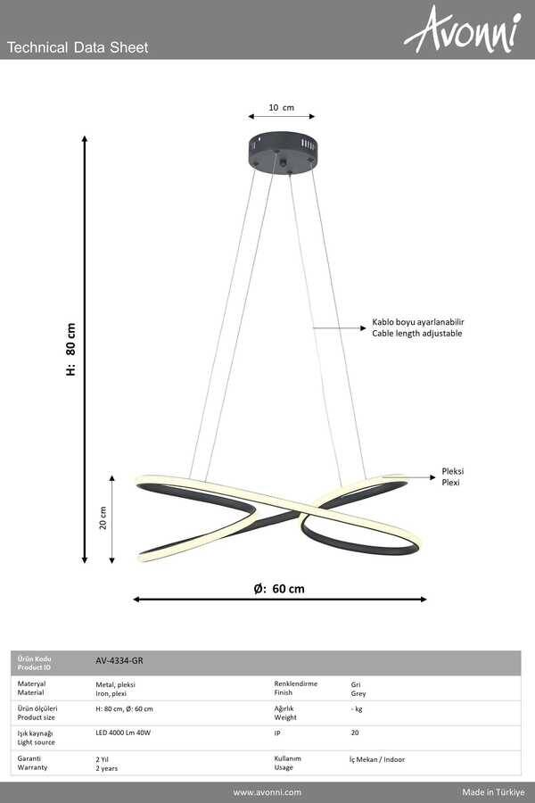 Gri Boyalı Modern Çilçıraq LED Metal Silikon 60x25cm - 3