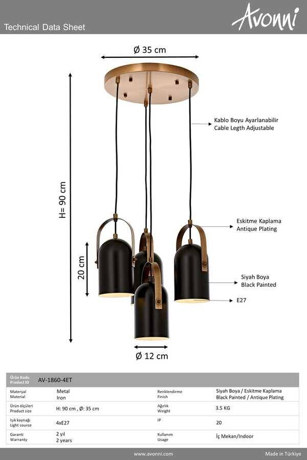 Siyah/Eskitme Boyalı/Kaplama Modern Çilçıraq E27 Metal 35cm - 3