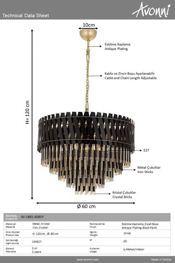 Siyah/Eskitme Boyalı/Kaplama Modern Çilçıraq E27 Metal Kristal 60cm - 3