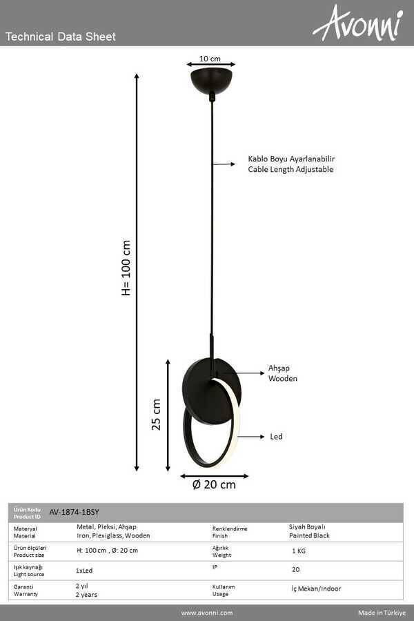 Siyah Boyalı Modern Çilçıraq LED Metal Ahşap Pleksi 20cm - 3