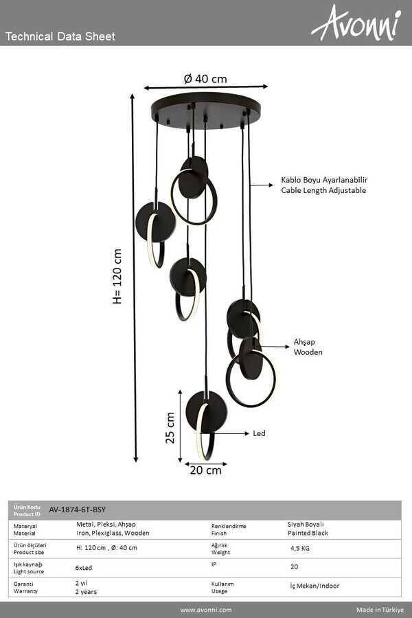 Siyah Boyalı Modern Çilçıraq LED Metal Ahşap Pleksi 40cm - 3