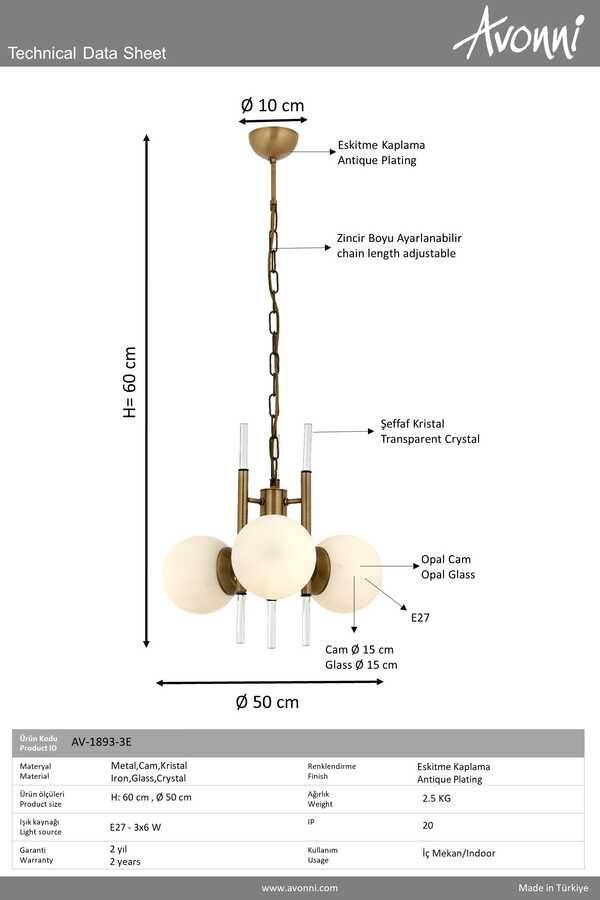 Eskitme Kaplama Modern Çilçıraq E27 Metal Cam Kristal 50cm - 3