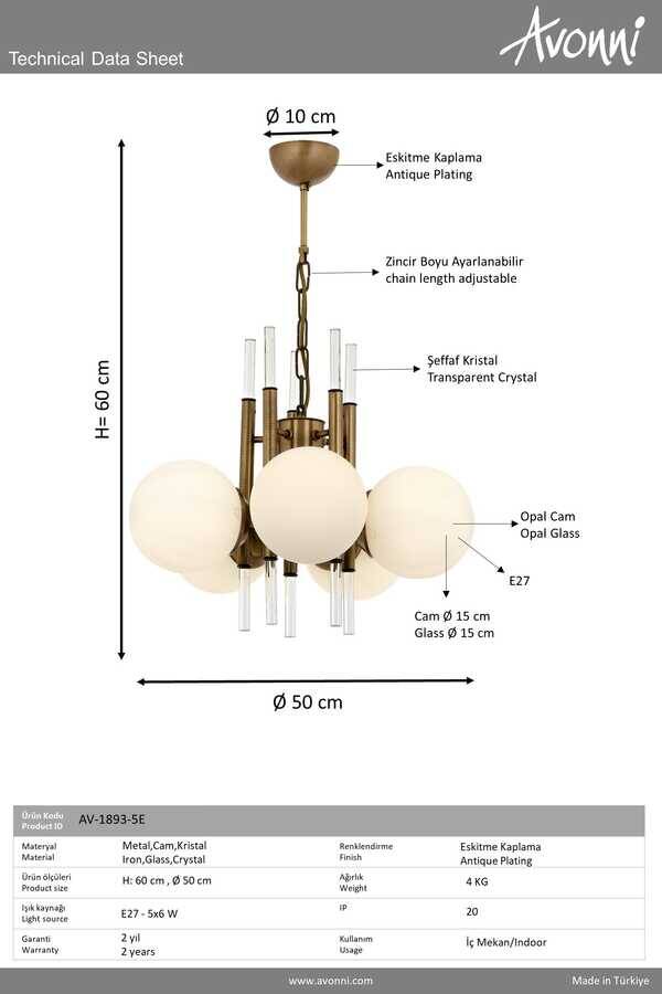 Eskitme Kaplama Modern Çilçıraq E27 Metal Cam Kristal 50cm - 3