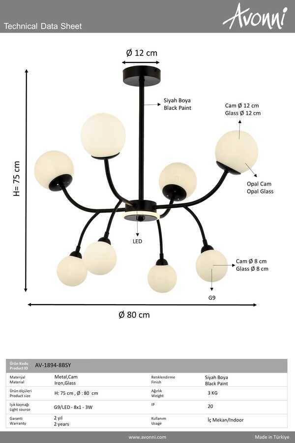 Siyah Boyalı Modern Çilçıraq G9 Metal Cam 80cm - 3