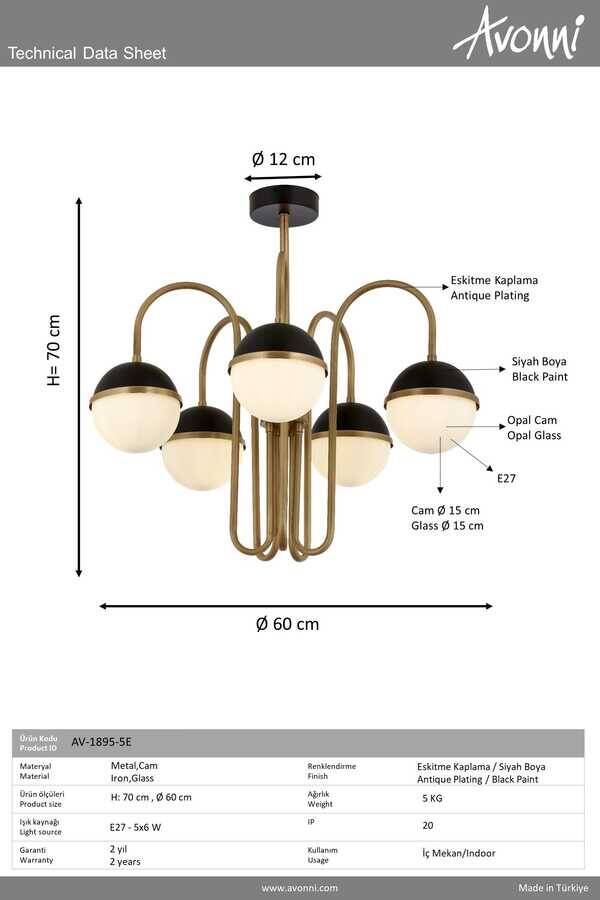 Siyah/Eskitme Boya/Kaplama Modern Çilçıraq E27 Metal Cam 60cm - 3