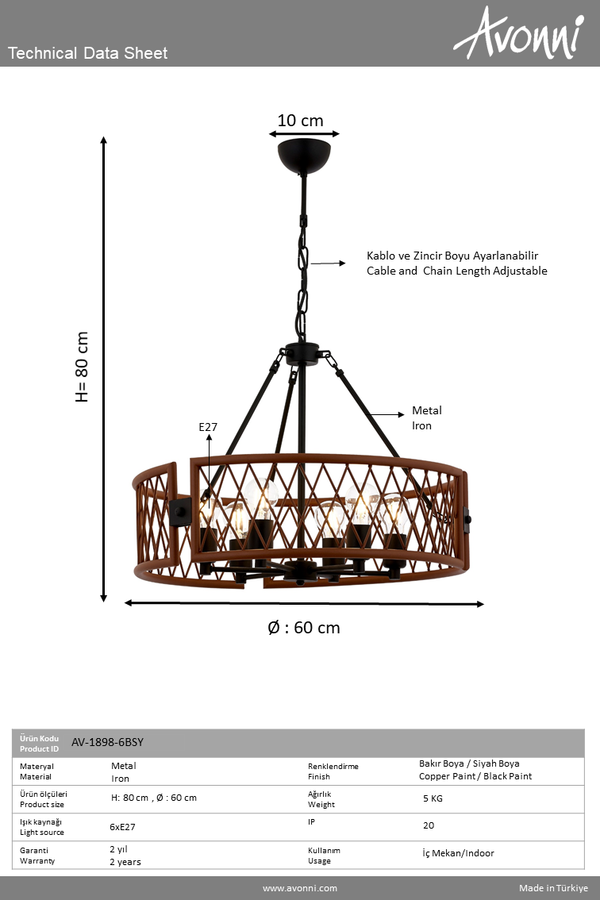 Siyah/Bakır Boyalı Modern Çilçıraq E27 Metal 60cm - 3