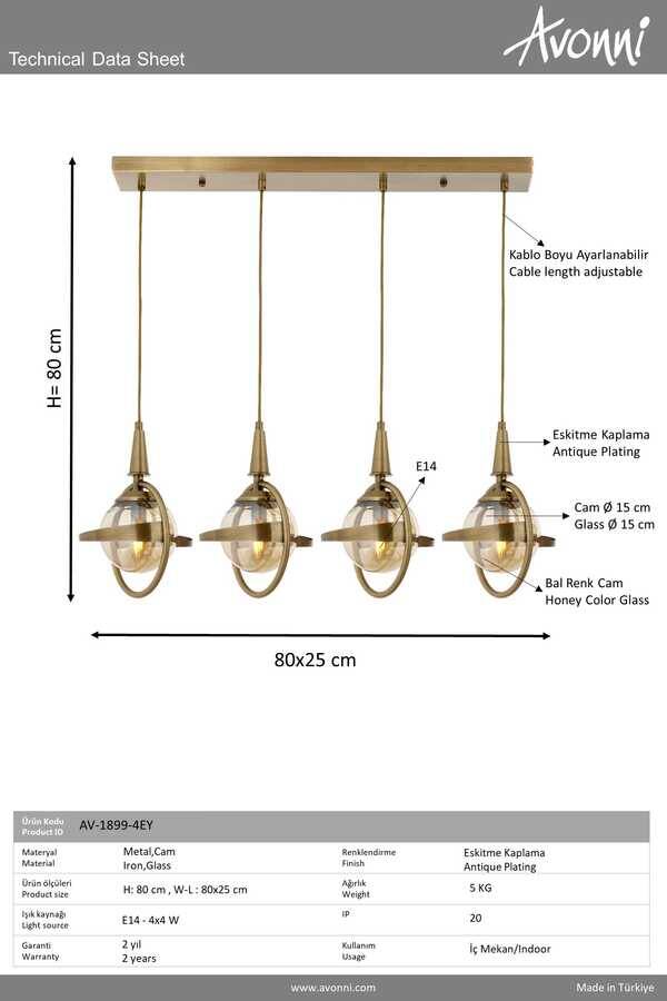 Eskitme Kaplama Modern Çilçıraq E14 Metal Cam 80x25cm - 3