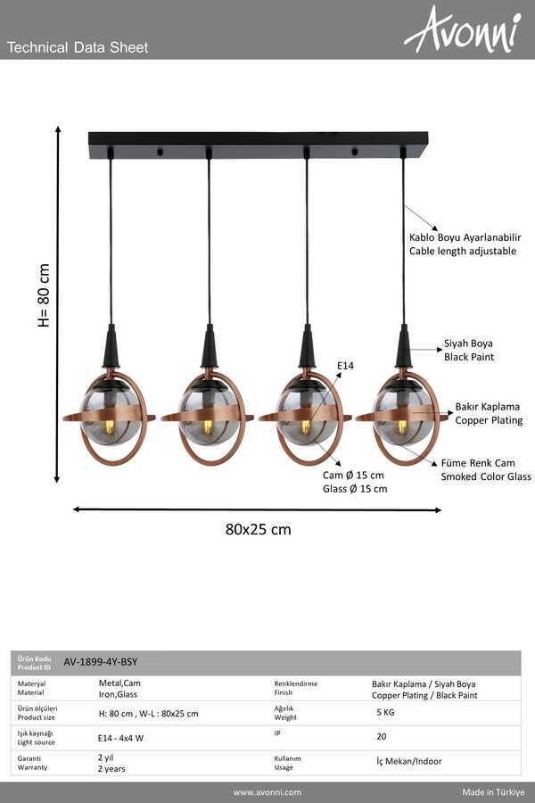 Siyah/Bakır Boya/Kaplama Modern Çilçıraq E14 Metal Cam 80x25cm - 3