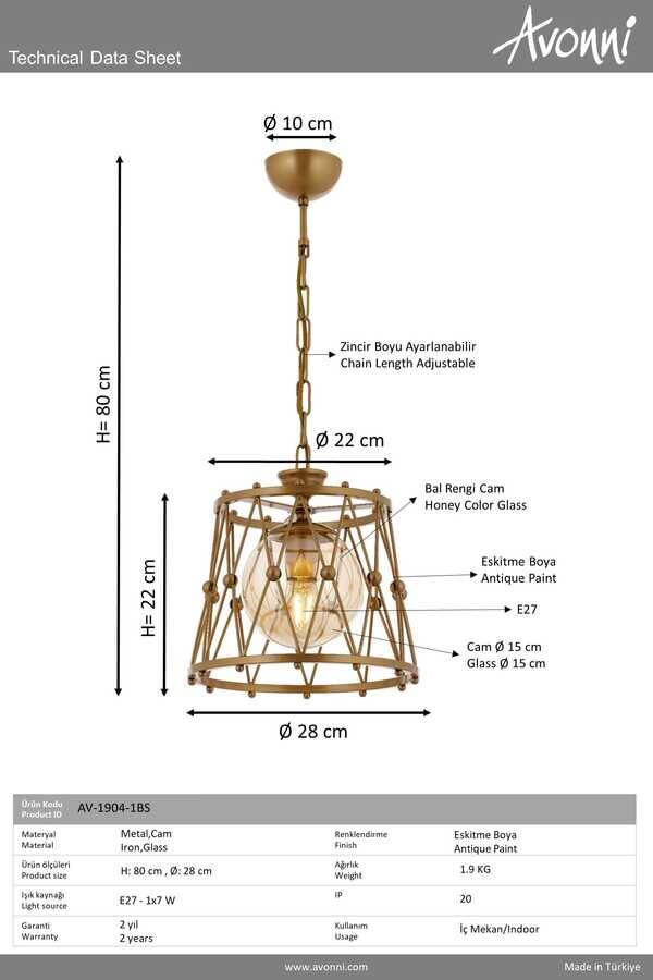 Eskitme Boyalı Modern Çilçıraq E27 Metal Cam 28x0cm - 3