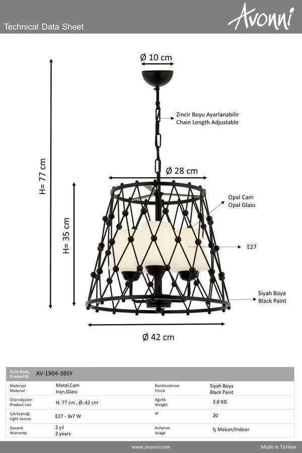 Siyah Boyalı Modern Çilçıraq E27 Metal Cam 42cm - 3