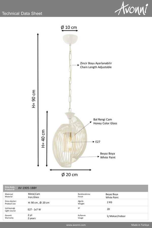 Beyaz Boyalı Modern Çilçıraq E27 Metal Cam 20cm - 3