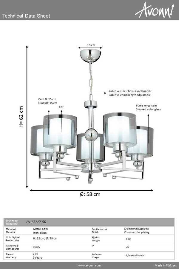 Krom Kaplama Modern Çilçıraq E27 Metal Cam 58cm - 2