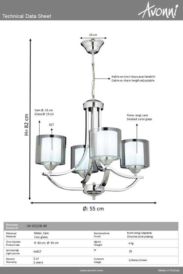 Krom Kaplama Modern Çilçıraq E27 Metal Cam 55cm - 1