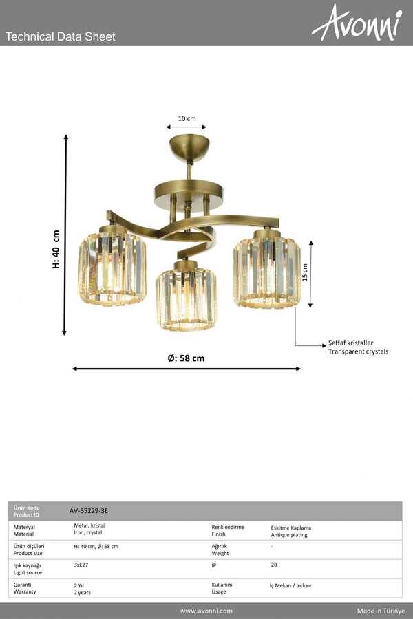 Eskitme Kaplama Modern Çilçıraq E27 Metal Kristal 58cm - 3