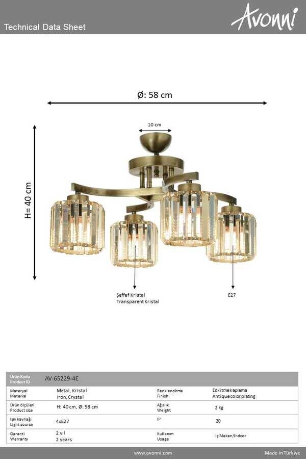 Eskitme Kaplama Modern Çilçıraq E27 Metal Kristal 58cm - 2