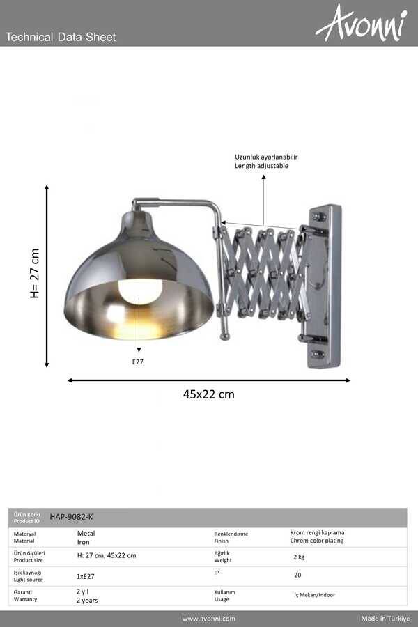 Krom Kaplama Bra Aplik E27 Metal 22x45cm - 2