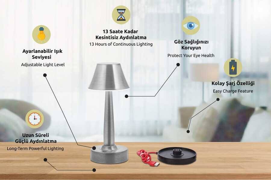 Nikel Kaplama Masa Lampası LED Metal Pleksi 11cm - 4