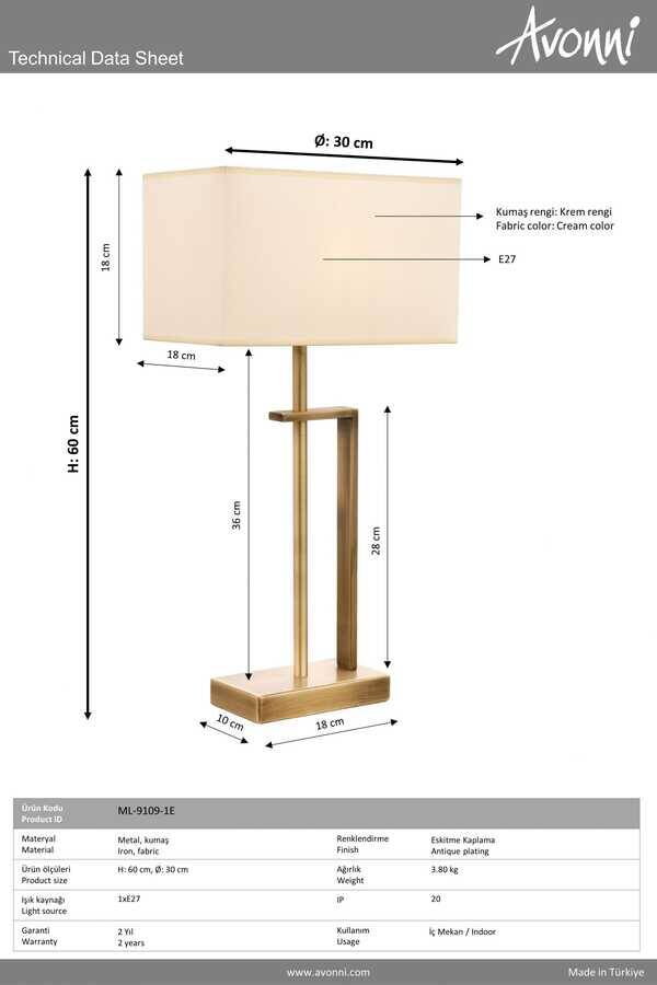 Eskitme Kaplama Masa Lampası E27 Metal Kumaş 30x18cm - 3