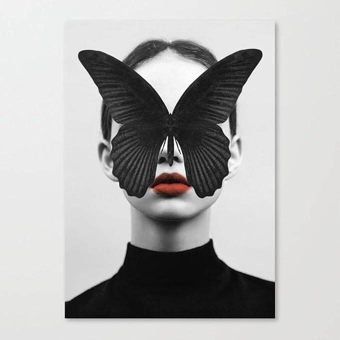 Black Butterfly Woman Face Kətan Tablo TB1140 - 2