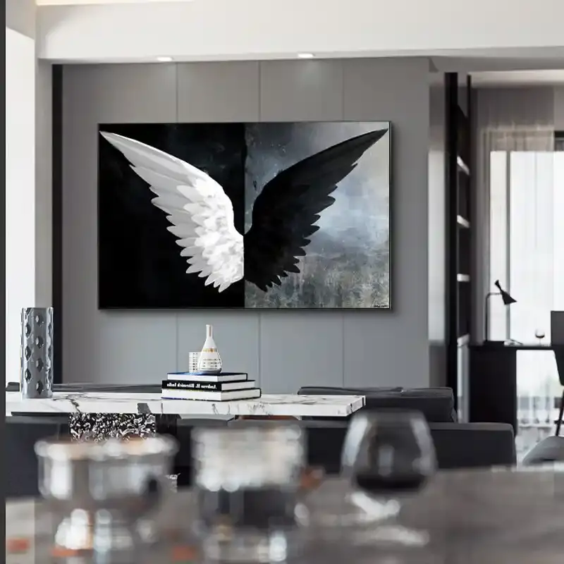 Black White Angel Wings Kətan Tablo - 2