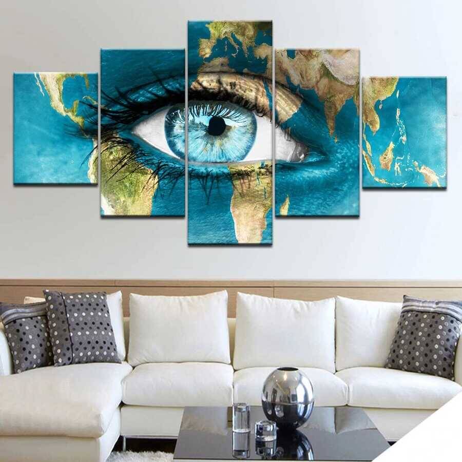 Blue eyes in map colored 5 Parçalı Kətan Tablo 155x85 cm - 1