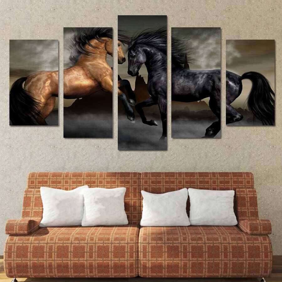 Couple Black and Yellow Horse Animals Wall Art 5 Parçalı Kətan Tablo - 1