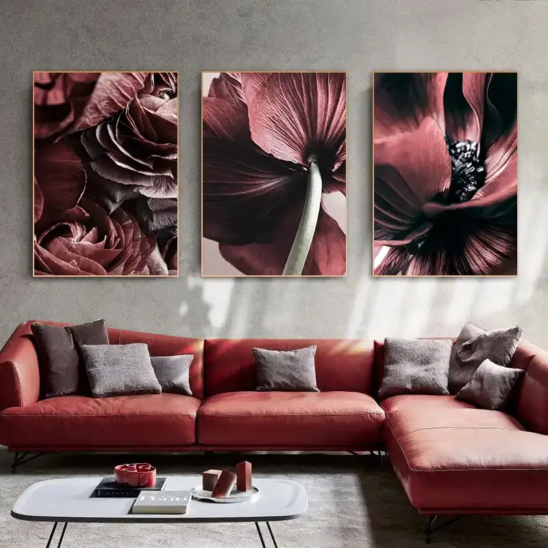 Dark Red Flower 3'lü Set Kətan Tablo TB1235 - 1