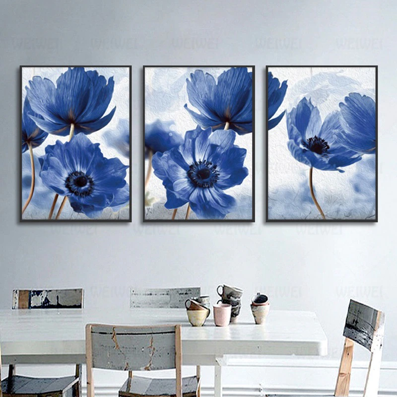 Dijiwork Blue Flowers 3'lü Kətan Tablo Seti - 1