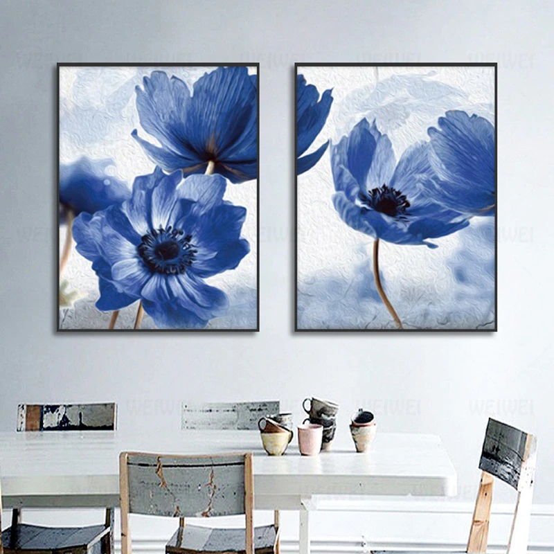 Dijiwork Blue Flowers 3'lü Kətan Tablo Seti - 4