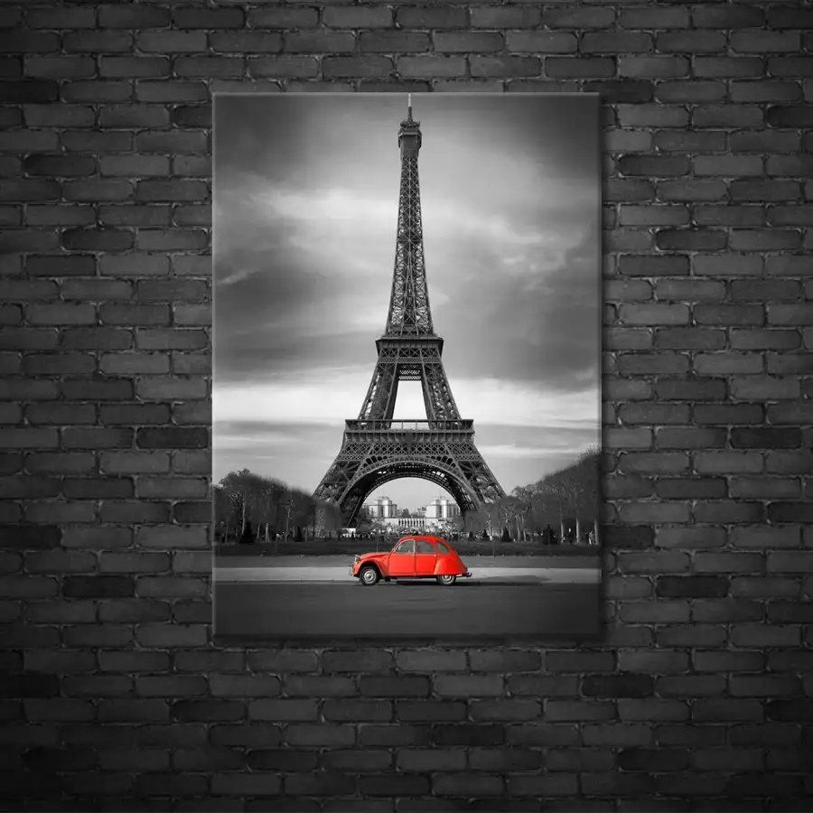 Eiffel and Retro Red Car Kətan Tablo - 1