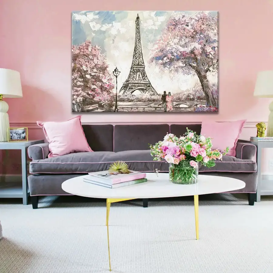 Eiffel Pink Color Oil Painting Kətan Tablo - 1