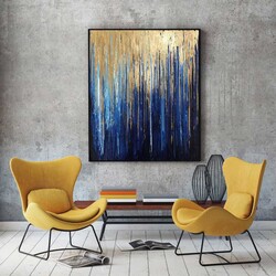 Gold Navy Blue Art Gold Kətan Tablo - 1