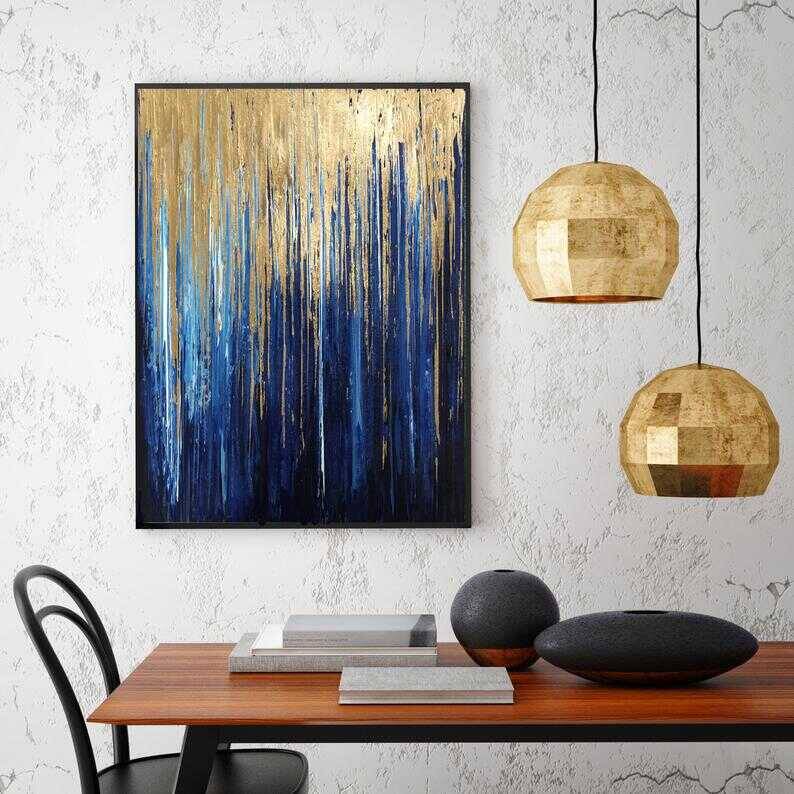 Gold Navy Blue Art Gold Kətan Tablo - 2